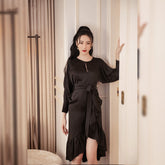 Silk Asymmetrical Midi Dress with Cold Shoulder Sleeves and Ruffled High-Low Hem